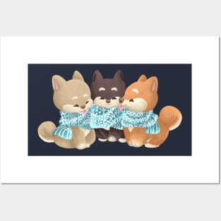 Trio Shiba Dog Sharing a Scarf Posters and Art